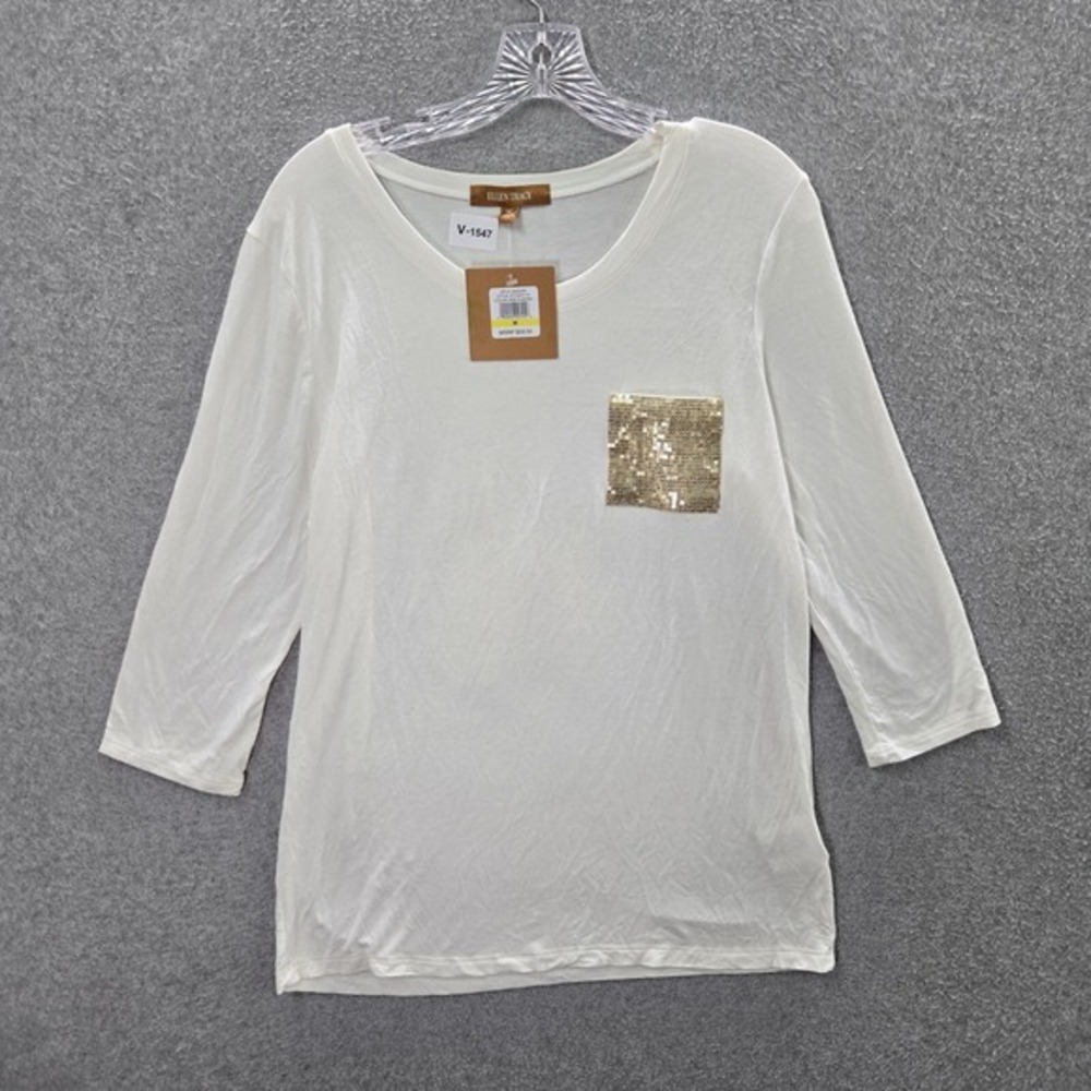 Ellen Tracy Women Top Medium White Sequin Bazzar Tunic Shirt 3/4 Sleeve NWT